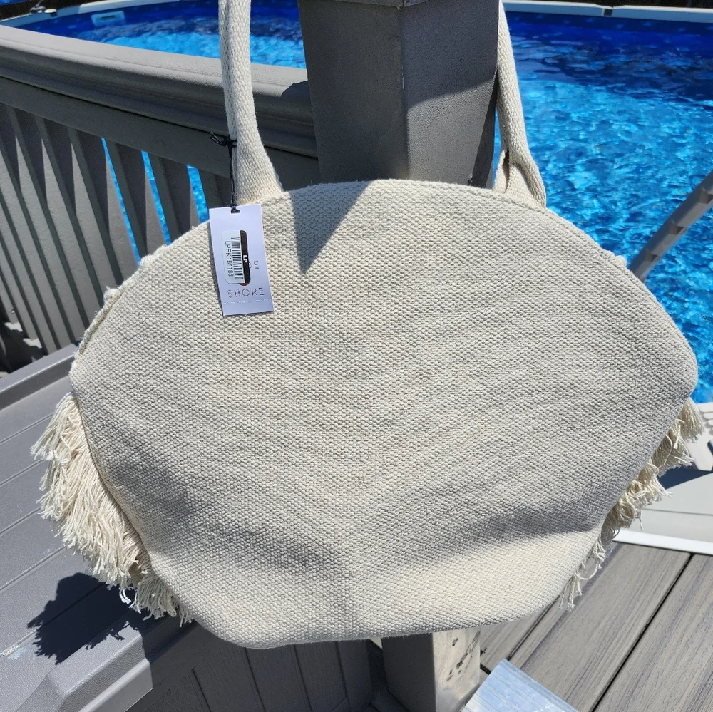 Straw Fringe Tote Handbag - Shade  & Shore Off-White.